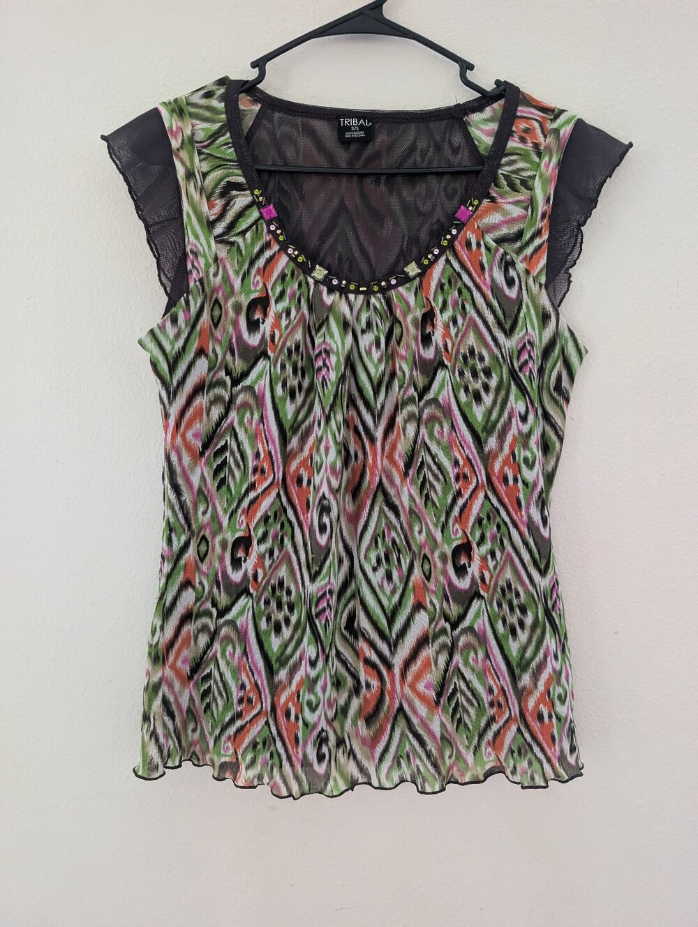Tribal Multicolor Printed Mesh Camisole - Green, Coral, Black Accents